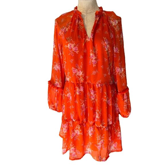 Vince Camuto Dress Orange Floral L Large Fluttery Floral Print Long Sleeve NEW - Picture 1 of 10